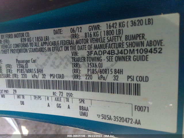 2013 FORD FIESTA SE VIN: 3FADP4BJ4DM109452