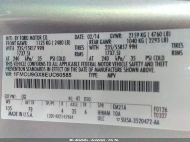 1FMCU9GX8EUC60585 Ford ESCAPE SE
