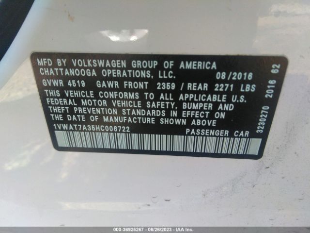 1VWAT7A35HC006722 Volkswagen Passat 1.8t S