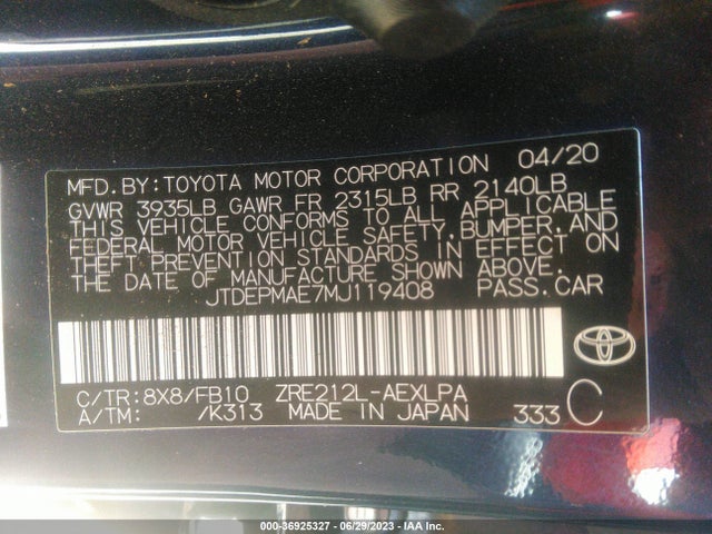 2021 TOYOTA COROLLA LE VIN: JTDEPMAE7MJ119408