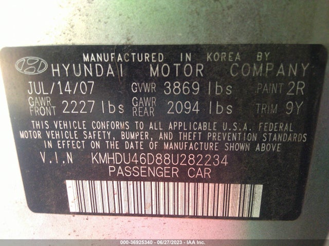 2008 HYUNDAI ELANTRA GLS/SE VIN: KMHDU46D88U282234