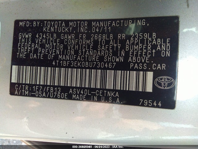 2011 TOYOTA CAMRY VIN: 4T1BF3EK0BU730467