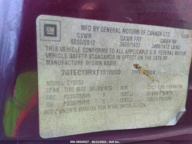 1996 GMC SIERRA C1500 VIN: 2GTEC19RXT1510000