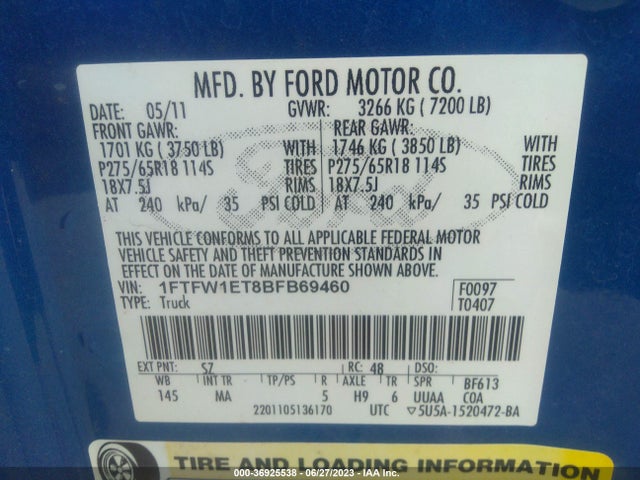 2011 FORD F-150 XLT/FX4/LARIAT VIN: 1FTFW1ET8BFB69460
