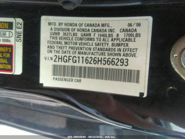 2006 HONDA CIVIC CPE LX VIN: 2HGFG11626H566293