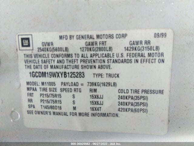 2000 CHEVROLET ASTRO VIN: 1GCDM19WXYB125283
