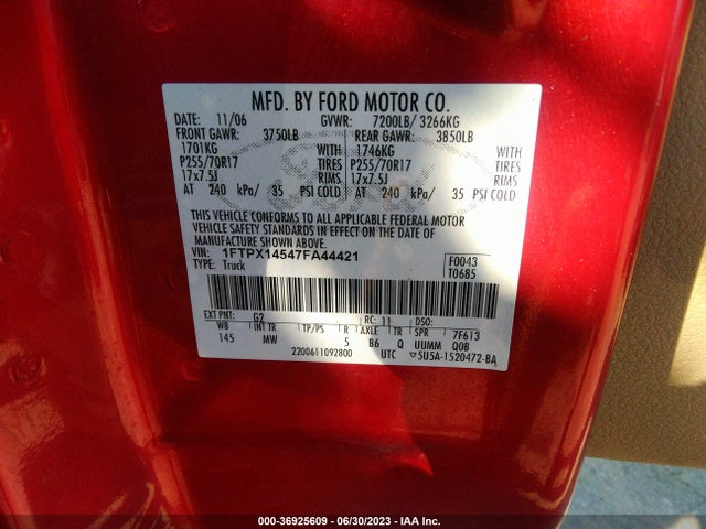 2007 FORD F-150 XLT/FX4/LARIAT/XL VIN: 1FTPX14547FA44421