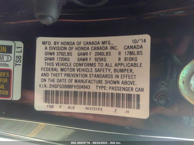 Honda Civic Coupe Ex 2015 2HGFG3B88FH504943 Image 15
