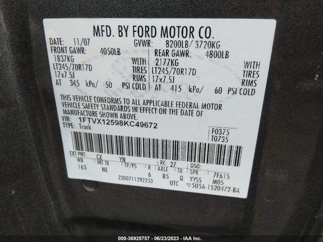 2008 FORD F-150 XL/XLT VIN: 1FTVX12598KC49672