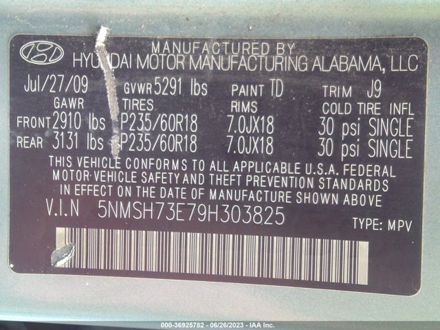 2009 HYUNDAI SANTA FE LIMITED VIN: 5NMSH73E79H303825