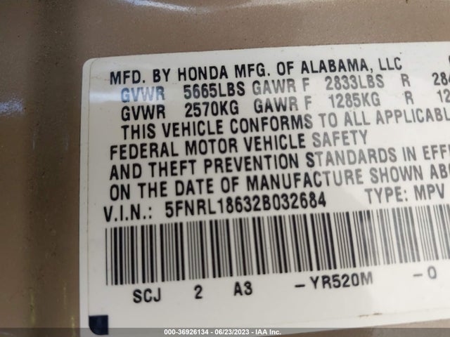 2002 HONDA ODYSSEY EX VIN: 5FNRL18632B032684