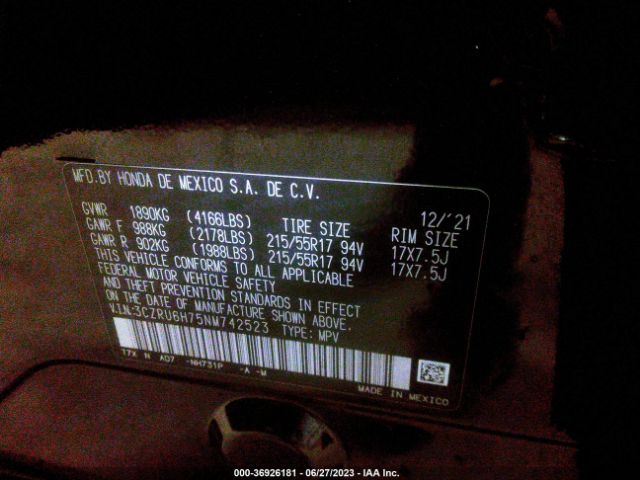3CZRU6H75NM742523 Honda Hr-v Ex-l