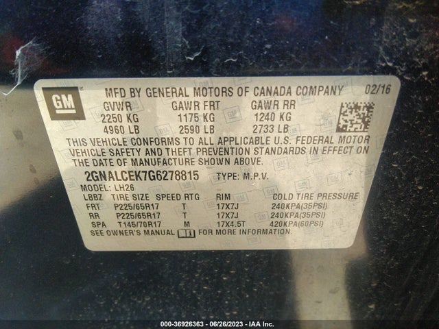 Chevrolet EQUINOX LT 2016 2GNALCEK7G6278815 Image 9