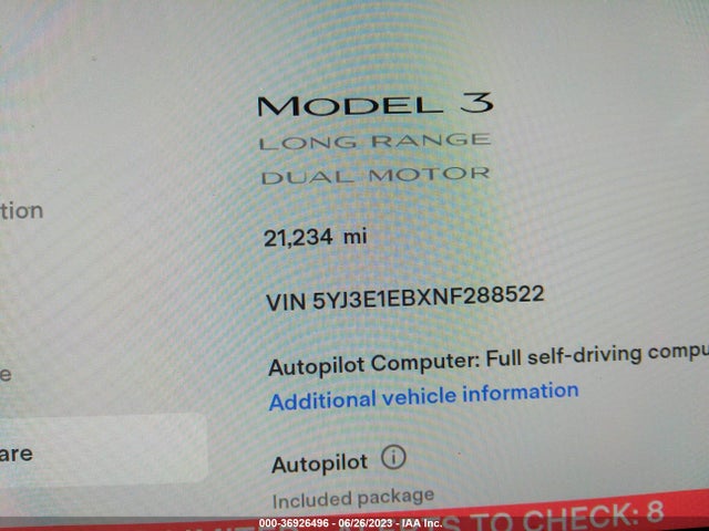36926496 :رقم المزاد ، 5YJ3E1EBXNF288522 vin ، 2022 Tesla Model 3 Long Range مزاد بيع