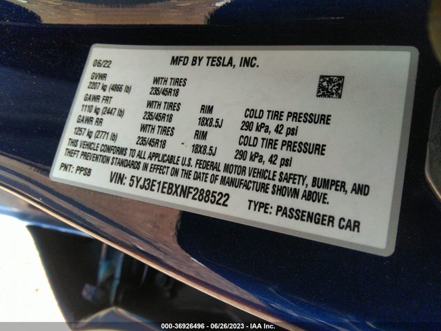 36926496 :رقم المزاد ، 5YJ3E1EBXNF288522 vin ، 2022 Tesla Model 3 Long Range مزاد بيع