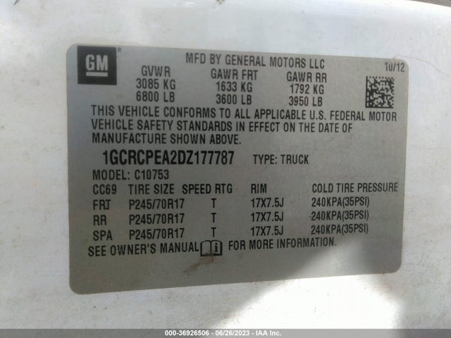 2013 CHEVROLET SILVERADO 1500 WORK TRUCK VIN: 1GCRCPEA2DZ177787