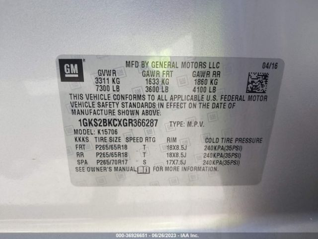 1GKS2BKCXGR366287 GMC YUKON SLT