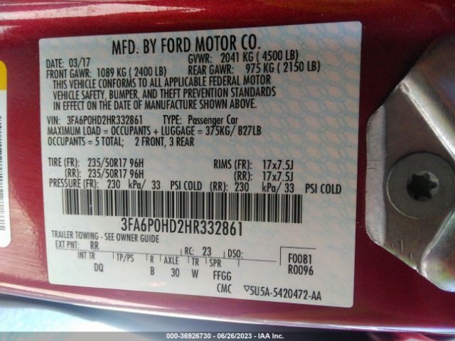 3FA6P0HD2HR332861 Ford FUSION SE