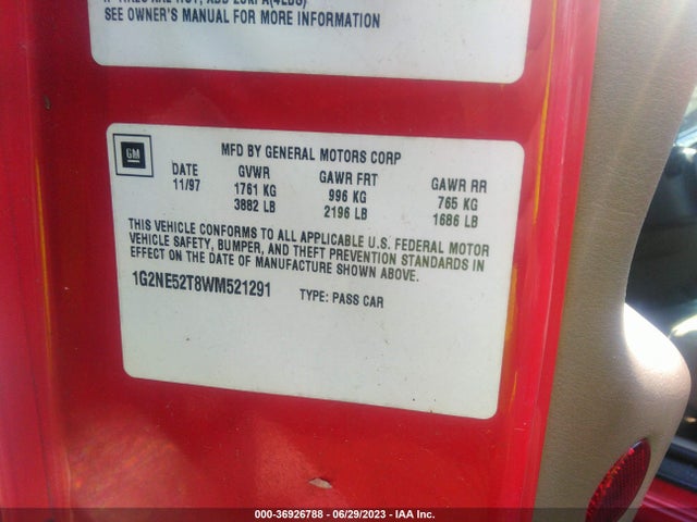 1998 PONTIAC GRAND AM SE VIN: 1G2NE52T8WM521291