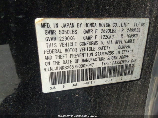 2009 ACURA RL VIN: JH4KB26579C002047