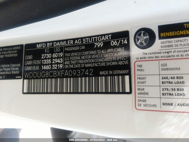 2015 MERCEDES-BENZ S-CLASS S 550 VIN: WDDUG8CBXFA093742