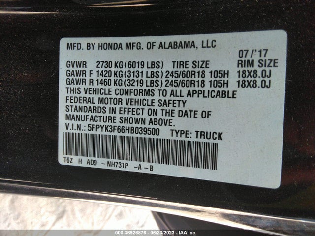 Honda Ridgeline Rtl-t 2017 5FPYK3F66HB039500 Image 9