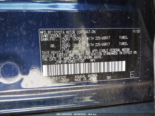 2021 TOYOTA RAV4 XLE VIN: JTMP1RFV0MD077100