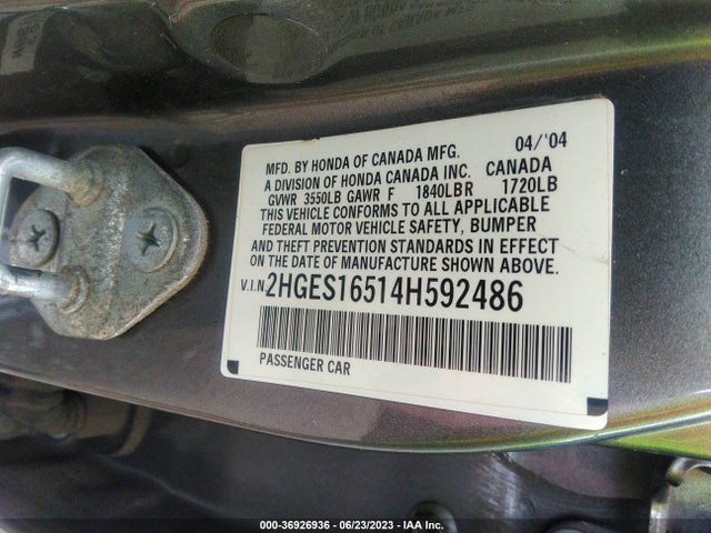 2004 HONDA CIVIC LX VIN: 2HGES16514H592486