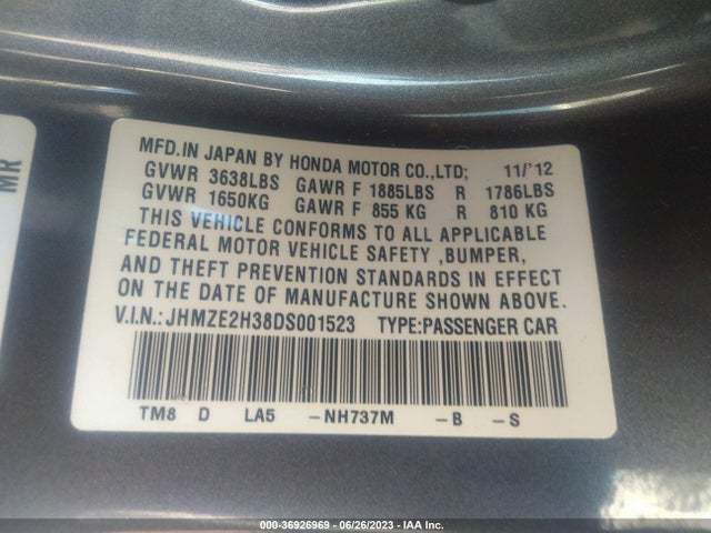 2013 HONDA INSIGHT VIN: JHMZE2H38DS001523