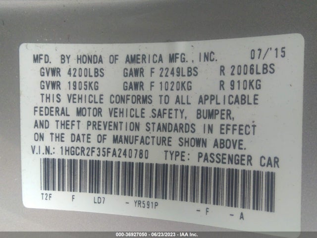 Honda Accord Sedan Lx 2015 1HGCR2F35FA240780 Image 9