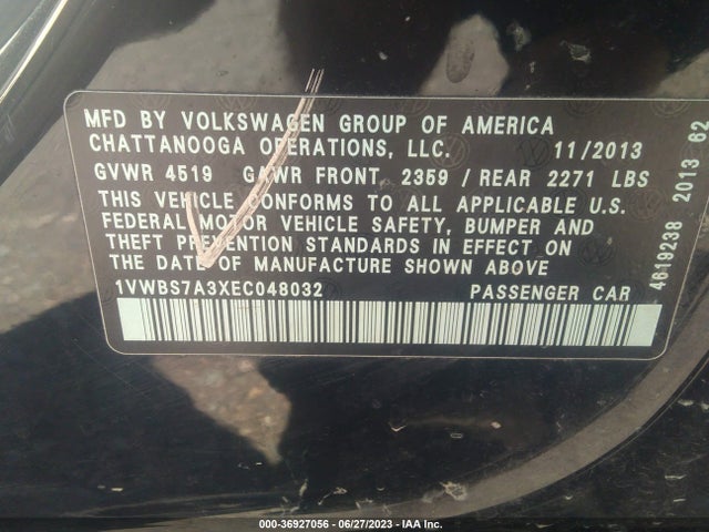 1VWBS7A3XEC048032 Volkswagen Passat Se W/sunroof