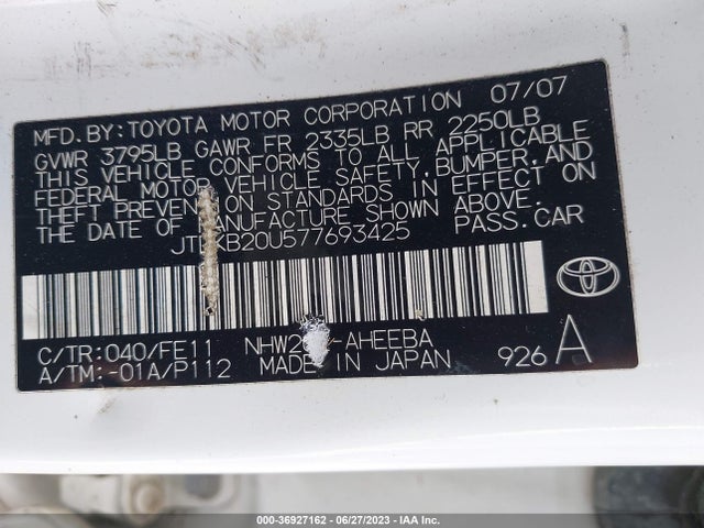 2007 TOYOTA PRIUS VIN: JTDKB20U577693425