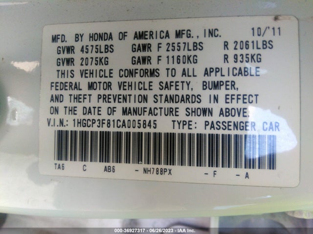 2012 HONDA ACCORD SDN EX-L VIN: 1HGCP3F81CA005845