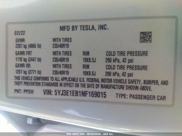 5YJ3E1EB1NF169015 Tesla Model 3 Long Range