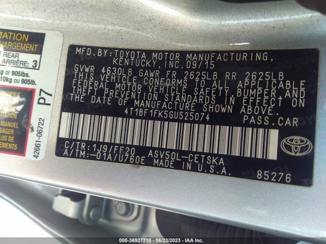 2016 TOYOTA CAMRY XLE/SE/LE/XSE VIN: 4T1BF1FK5GU525074