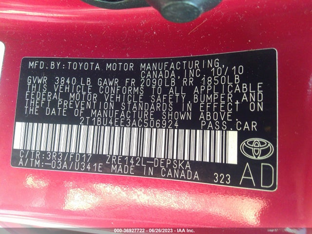 2010 TOYOTA COROLLA VIN: 2T1BU4EE3AC506924