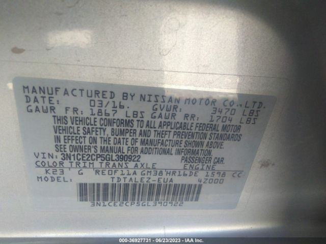 3N1CE2CP5GL390922 Nissan Versa Note S/s Plus/sv/sr/sl