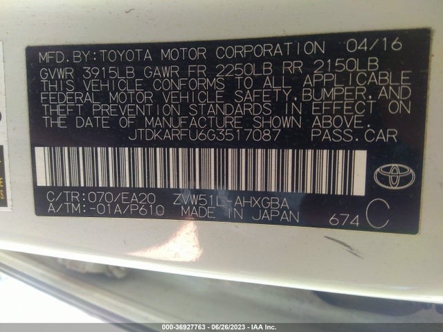 Toyota Prius Four 2016 JTDKARFU6G3517087 Image 16