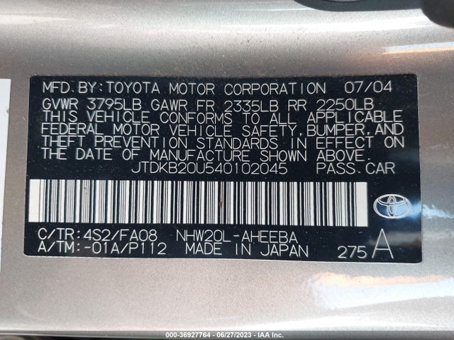 Продажа на аукционе авто 2004 Toyota Prius, vin: JTDKB20U540102045, номер лота: 36927764