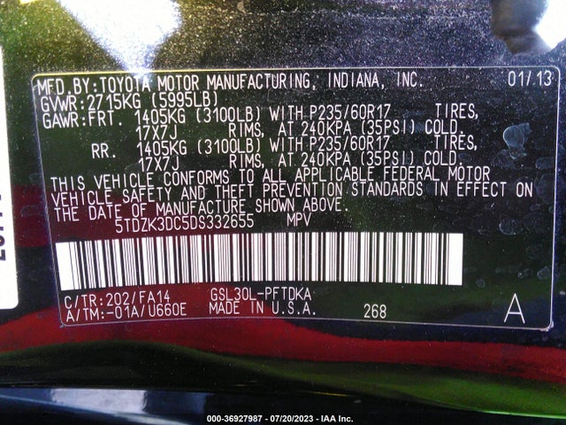 2013 TOYOTA SIENNA L VIN: 5TDZK3DC5DS332655