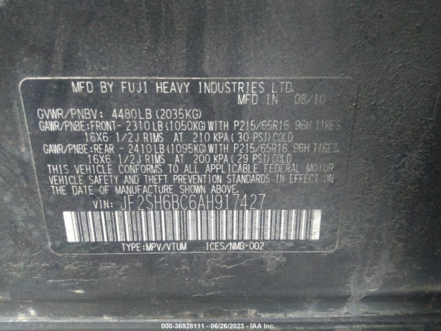 2010 SUBARU FORESTER 2.5X VIN: JF2SH6BC6AH917427