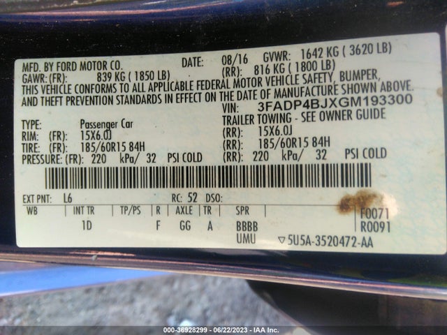 Ford FIESTA SE 2016 3FADP4BJXGM193300 Image 15