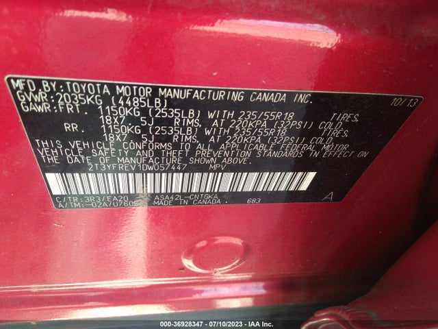 2013 TOYOTA RAV4 LIMITED VIN: 2T3YFREV1DW057447