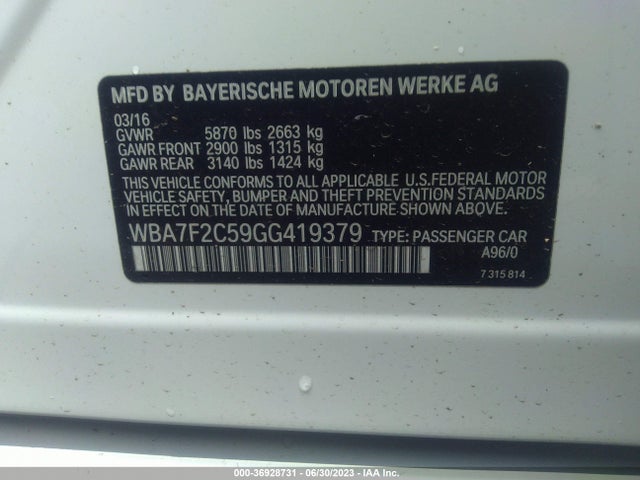 2016 BMW 750I XDRIVE VIN: WBA7F2C59GG419379