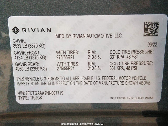 2022 Rivian R1T, VIN: 7FCTGAAA2NN007719