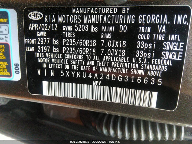 2013 KIA SORENTO EX VIN: 5XYKU4A24DG316635