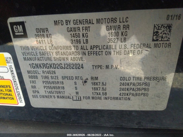 Chevrolet Traverse Lt 2016 1GNKRGKD2GJ262024 Image 9