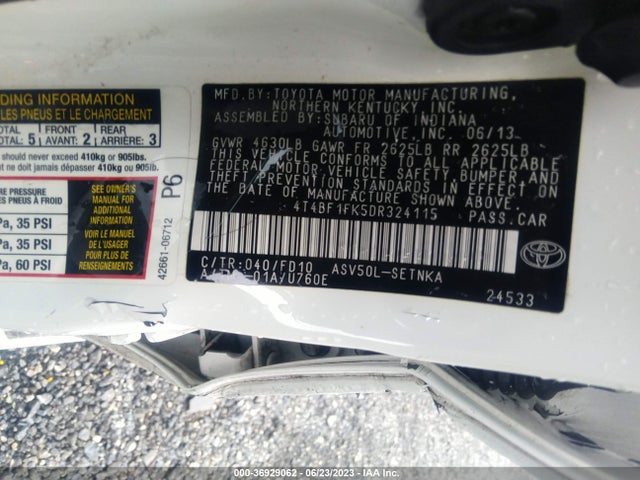 2013 TOYOTA CAMRY L/LE/SE/XLE VIN: 4T4BF1FK5DR324115