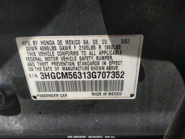 2003 HONDA ACCORD SDN LX VIN: 3HGCM56313G707352