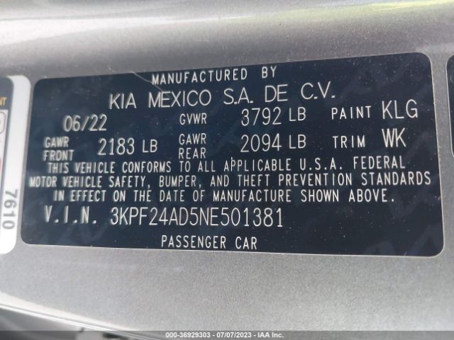 3KPF24AD5NE501381 KIA Forte Lxs